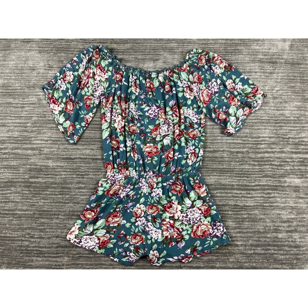 Kori America Romper Womens Large Teal Floral Off Shoulder Boho Smocked R5101